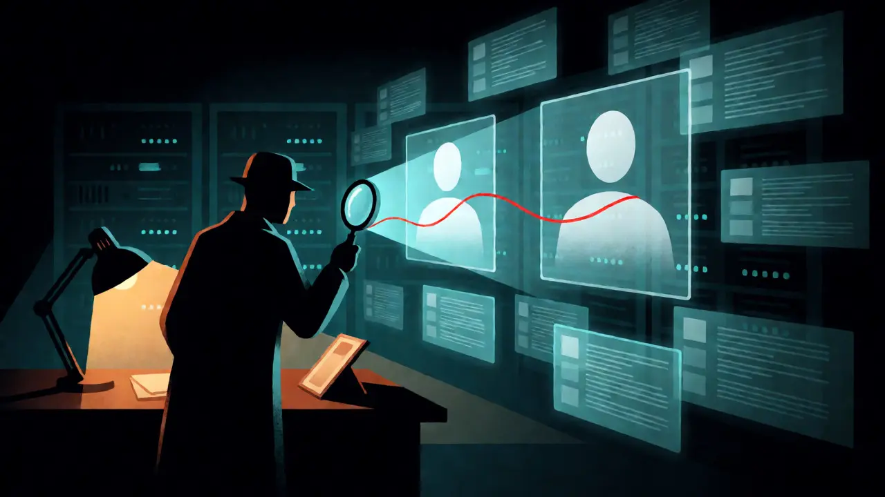 A digital detective linking two ghostly avatars with a red thread to reveal sockpuppet connections.
