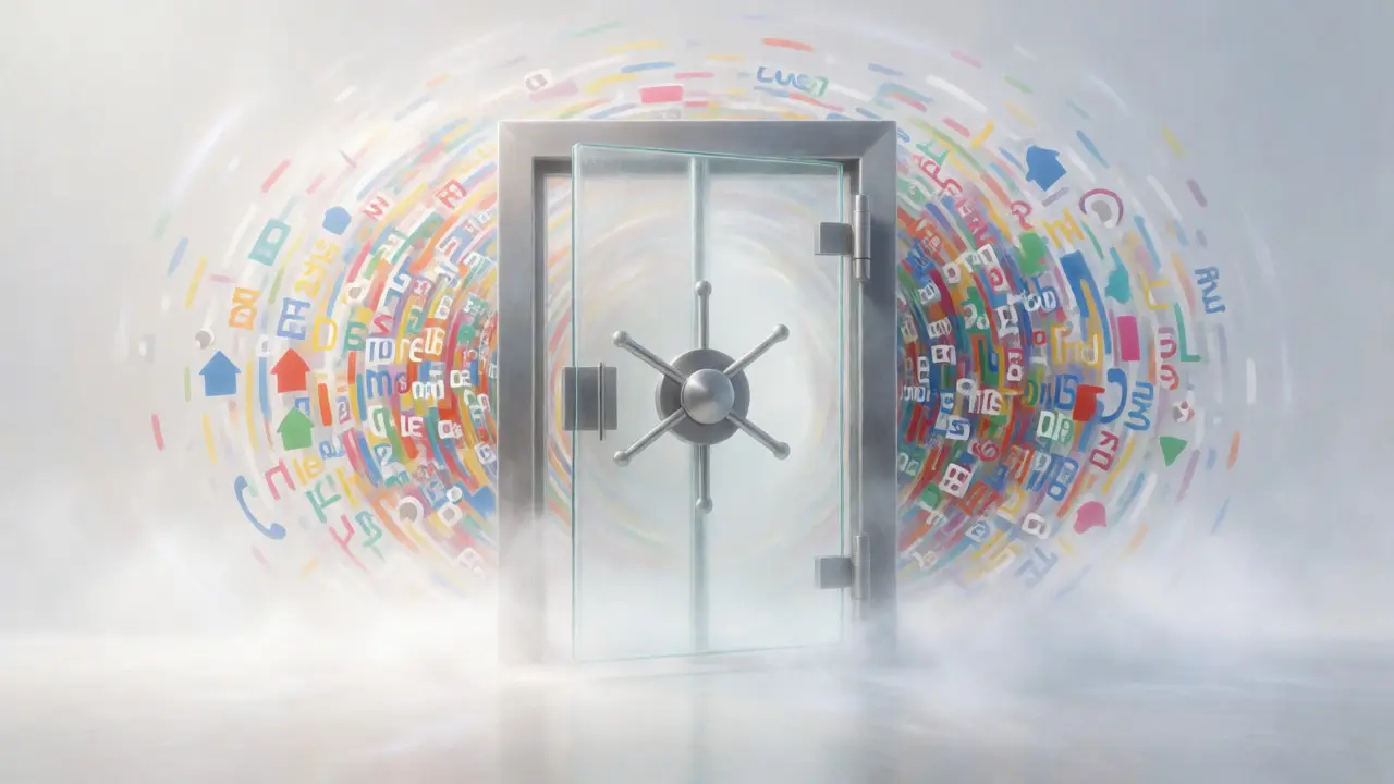 A glass vault sliding shut to hide chaotic personal data behind a clean, white exterior surface.