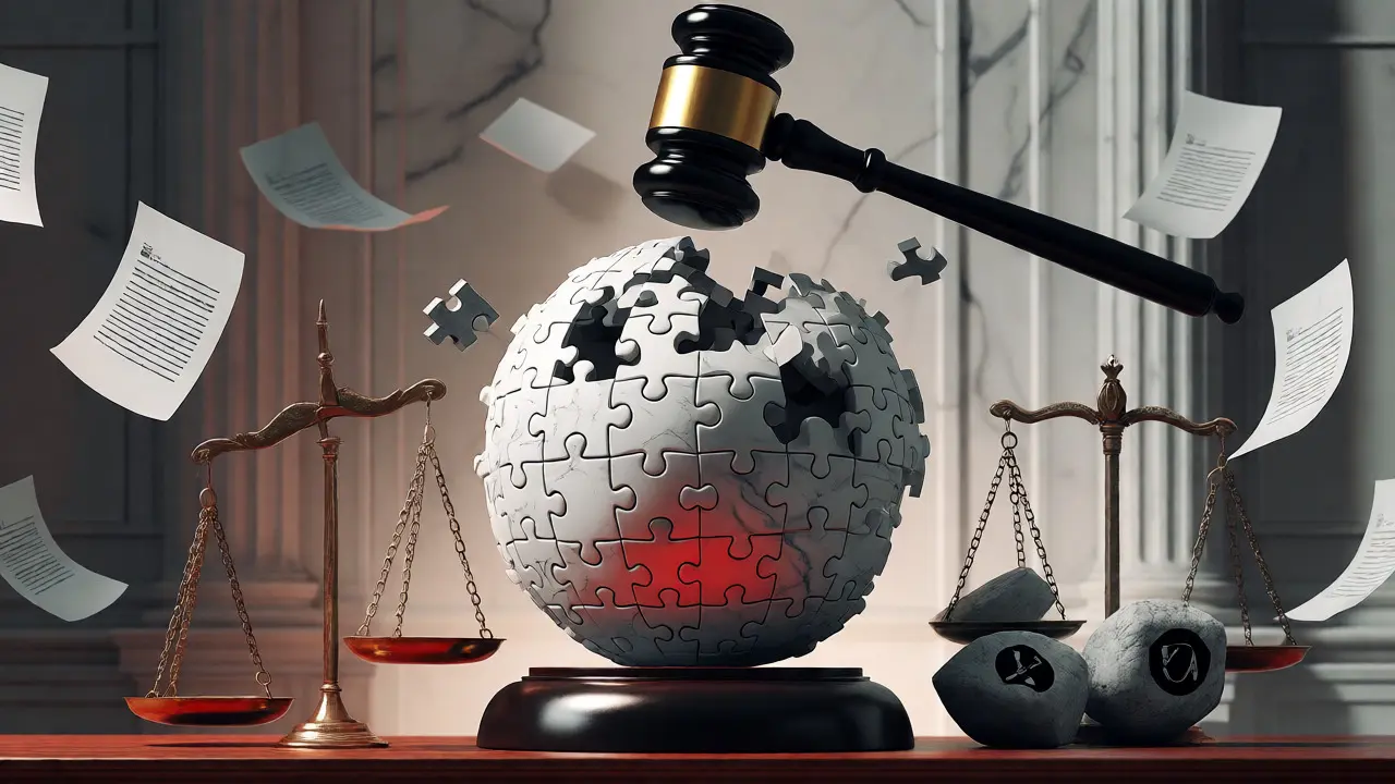 A globe made of puzzle pieces under legal scrutiny in a conceptual courtroom