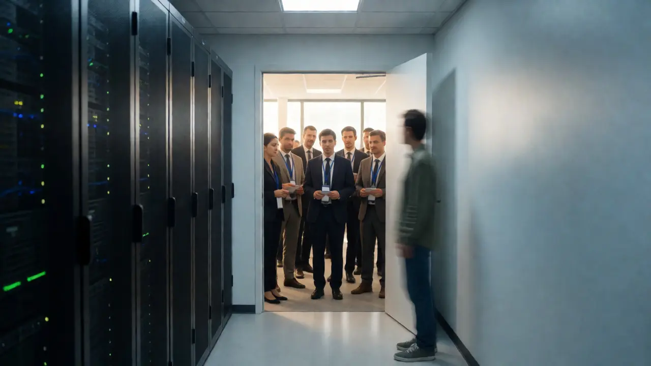 A volunteer standing between a sterile server room and a bustling traditional newsroom.