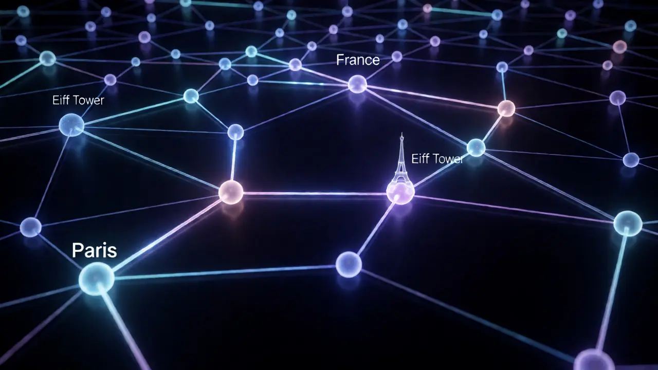Abstract 3D knowledge graph with glowing connected nodes