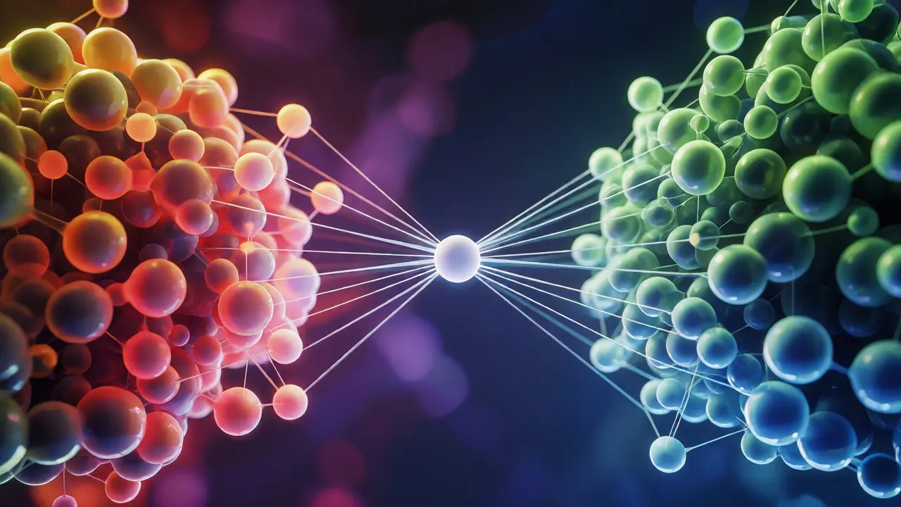 Abstract 3D render showing a bridge node connecting two distinct network clusters.