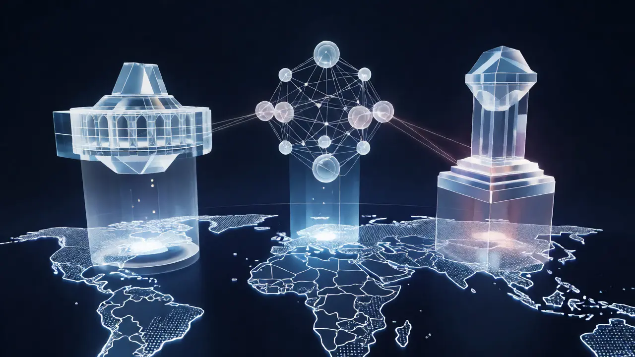 Abstract 3D visualization of three balanced governance bodies floating over a world map.