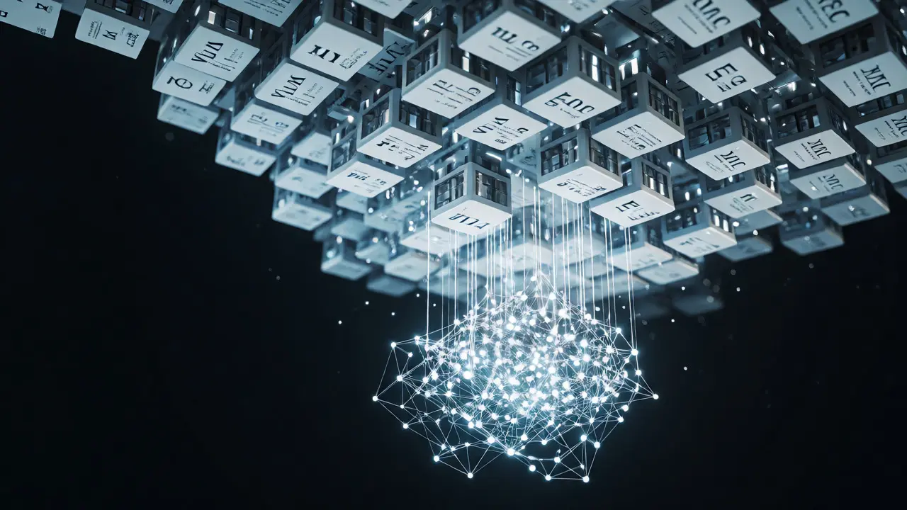 Abstract AI node absorbing glowing library cards in a dark void