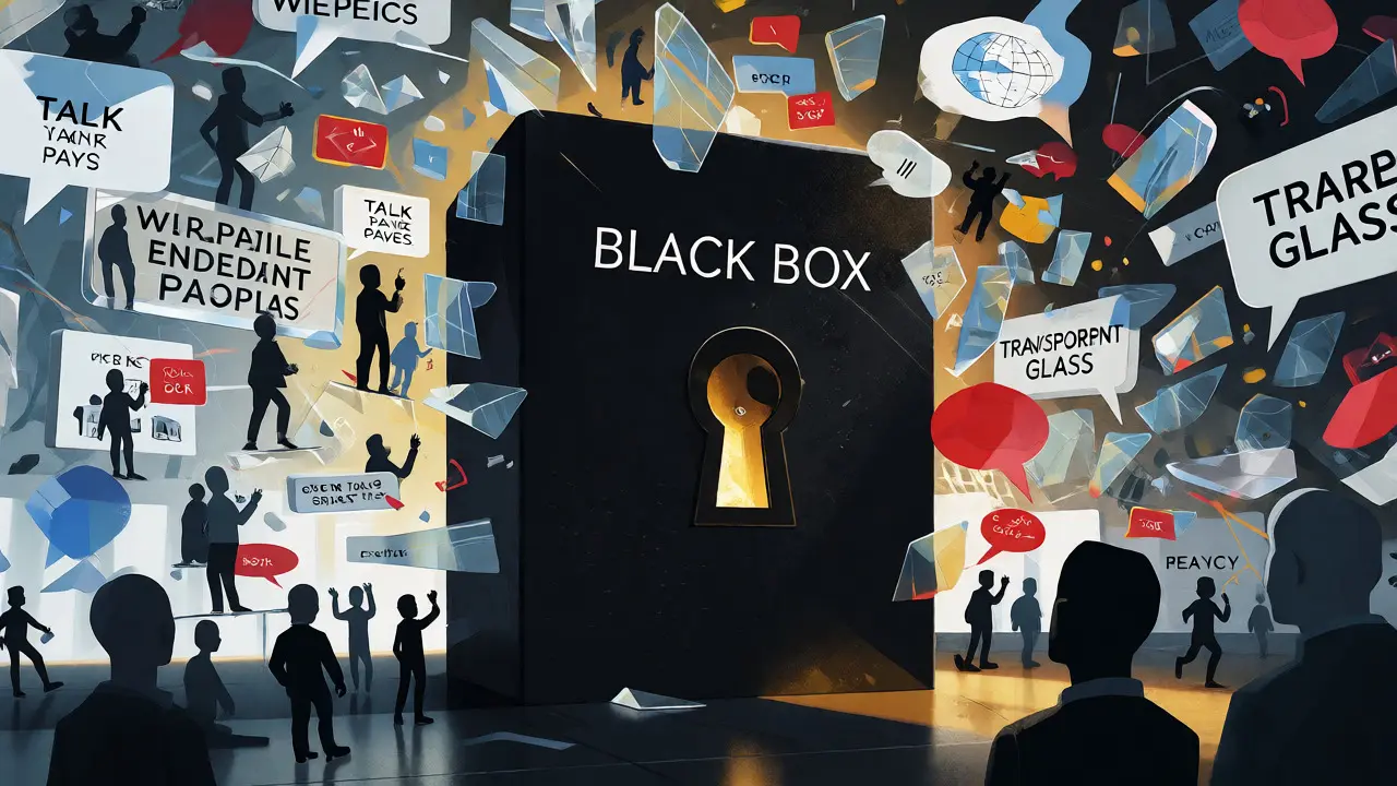 Abstract art showing an opaque institutional block surrounded by transparent, interactive community fragments.