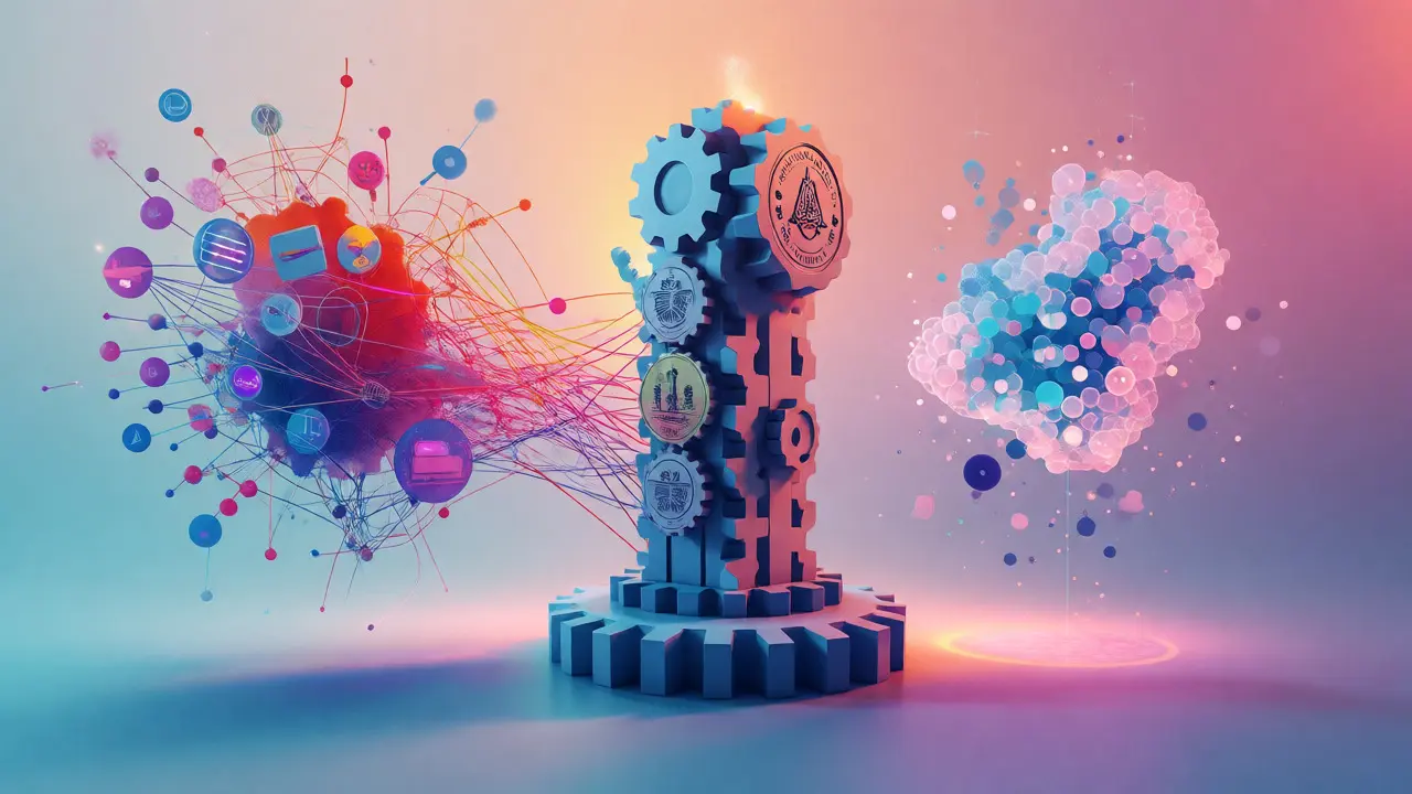 Abstract conceptual art depicting Wikimedia chapters, thematic organizations, and user groups as distinct structures.