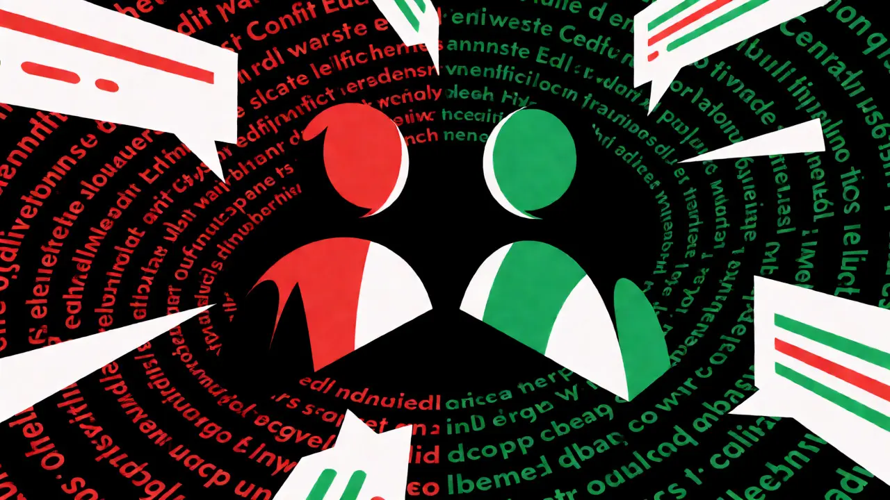 Abstract digital battle scene with clashing red and green shapes representing edit wars.