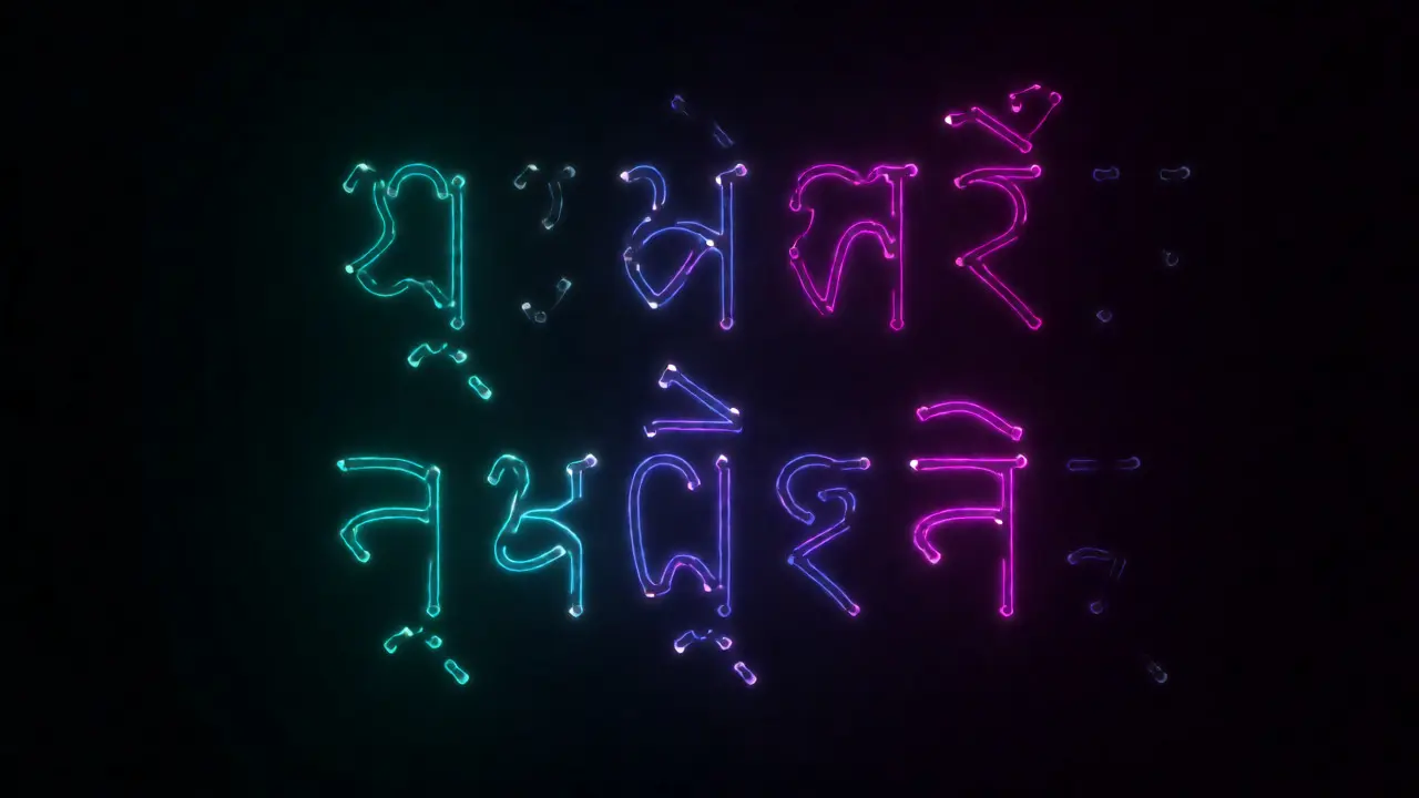 Abstract glowing fragments of non-Latin script characters