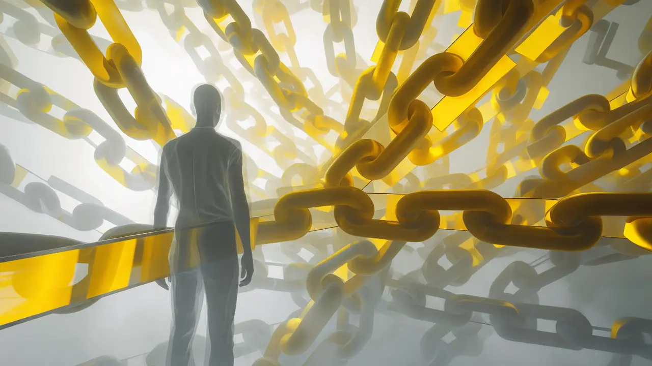 Abstract illustration of a person surrounded by a swirl of yellow donation banners representing fatigue.