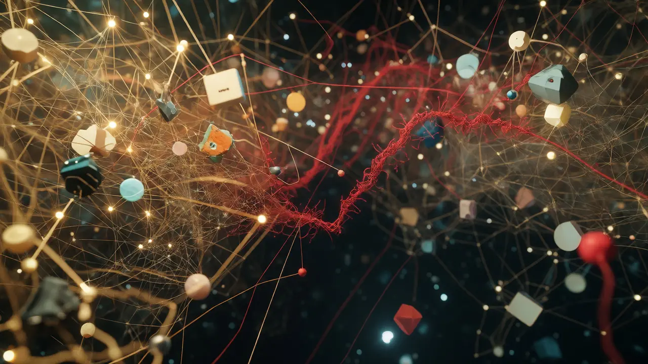 Abstract knowledge graph with connected nodes showing strong and weak links