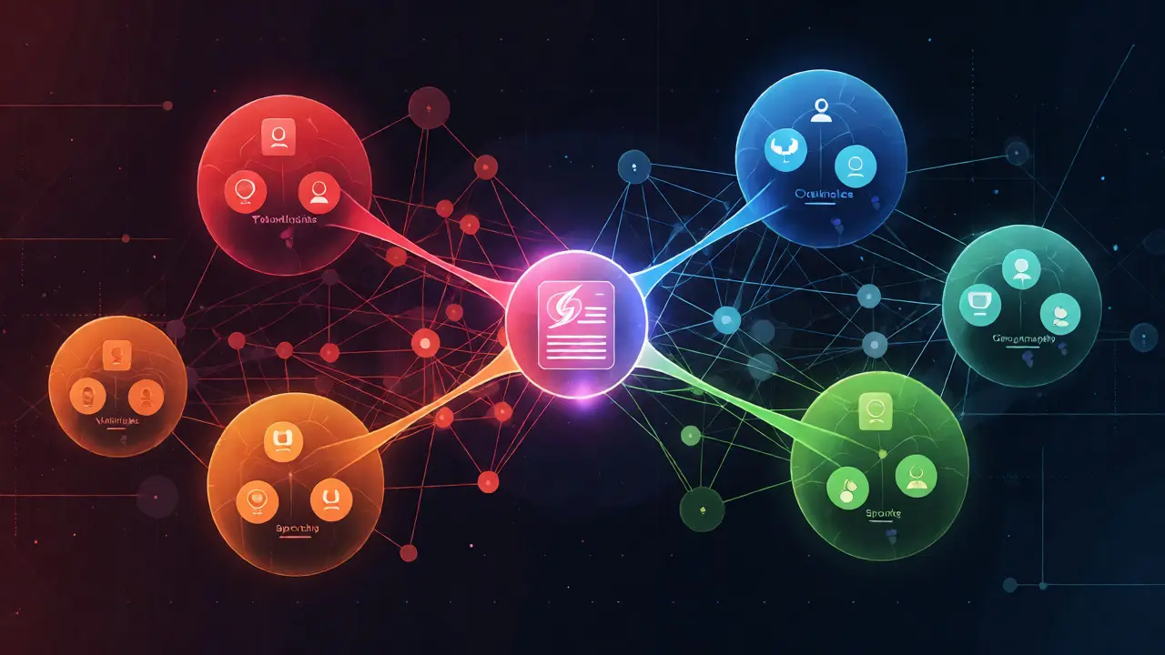Abstract network diagram connecting various WikiProjects around a central event.