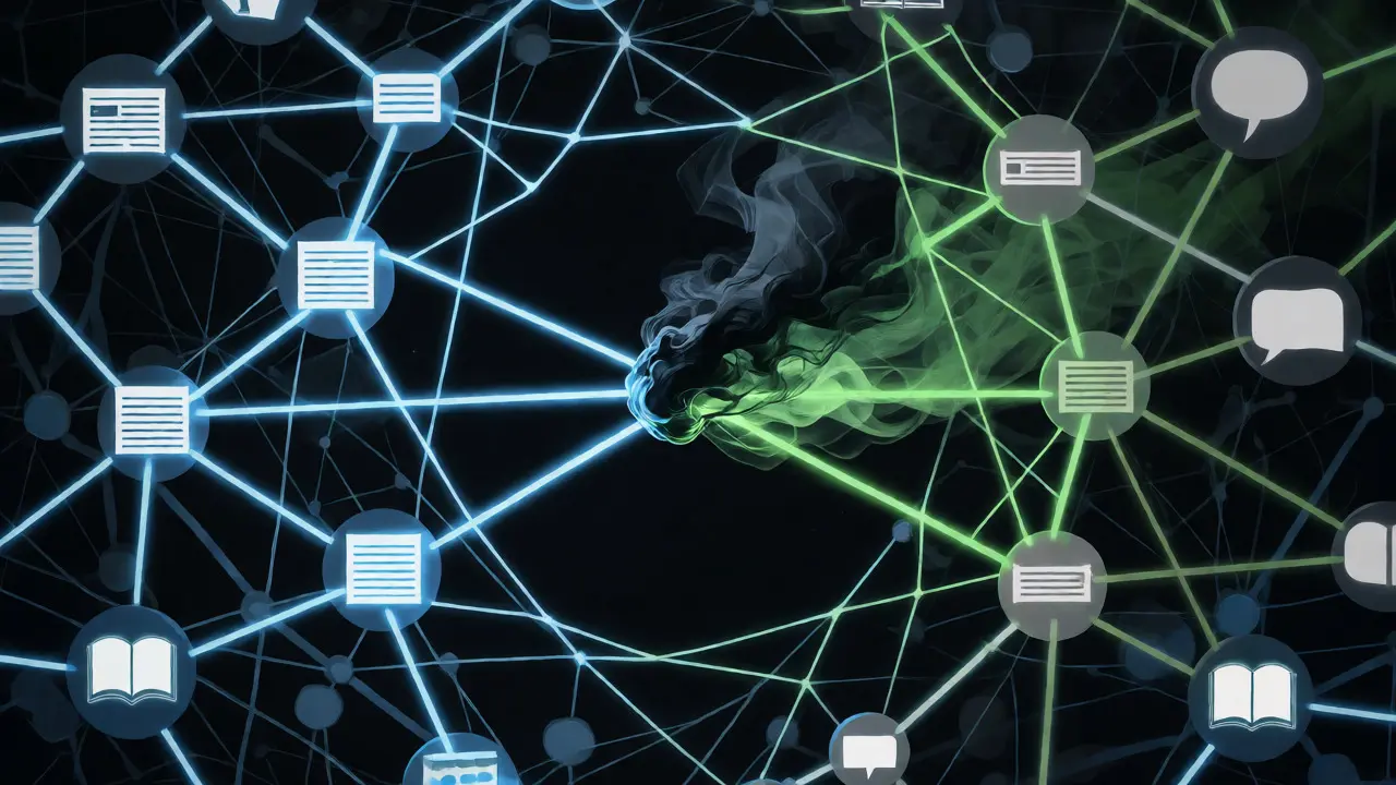 Abstract network diagram showing misinformation spreading through connected nodes