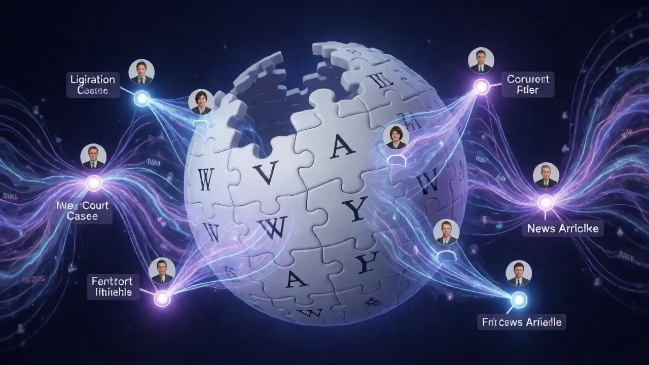 Abstract network visualizing the link between lawsuits and wiki updates