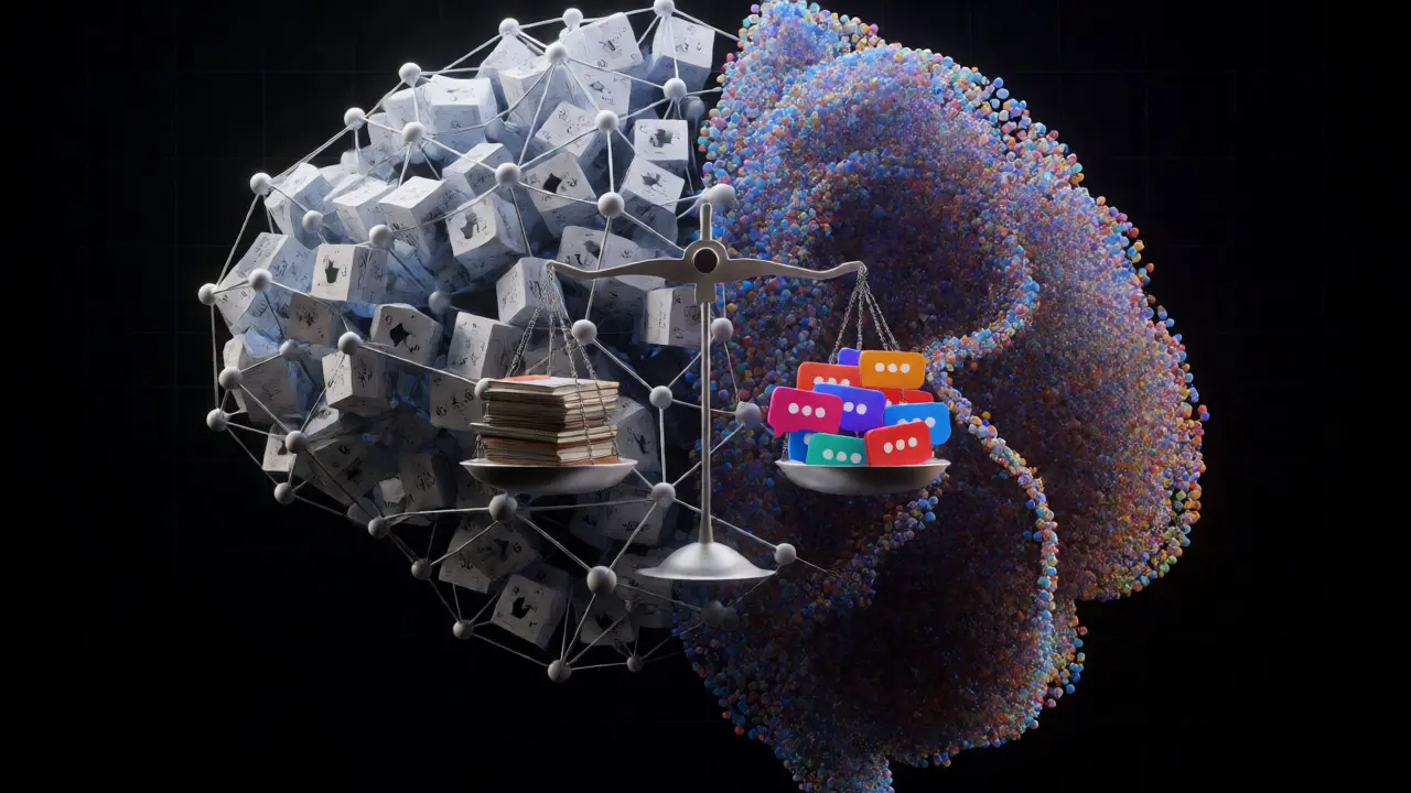 Abstract neural network comparing rigid editorial structures with fluid algorithmic bias