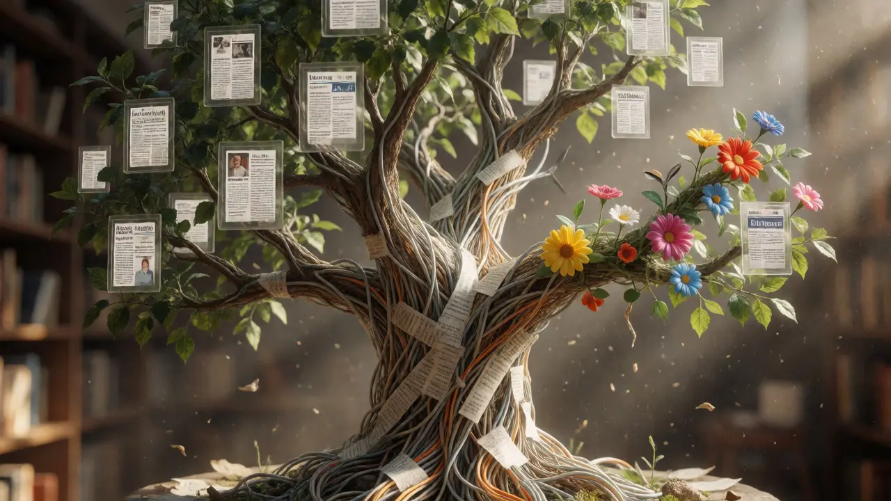 Abstract tree of knowledge with fiber-optic roots and mixed natural and artificial branches.