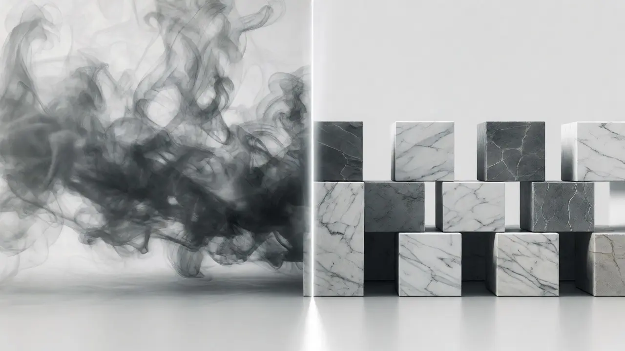 Abstract visualization of chaotic smoke representing rumors contrasting with solid blocks representing verified facts.