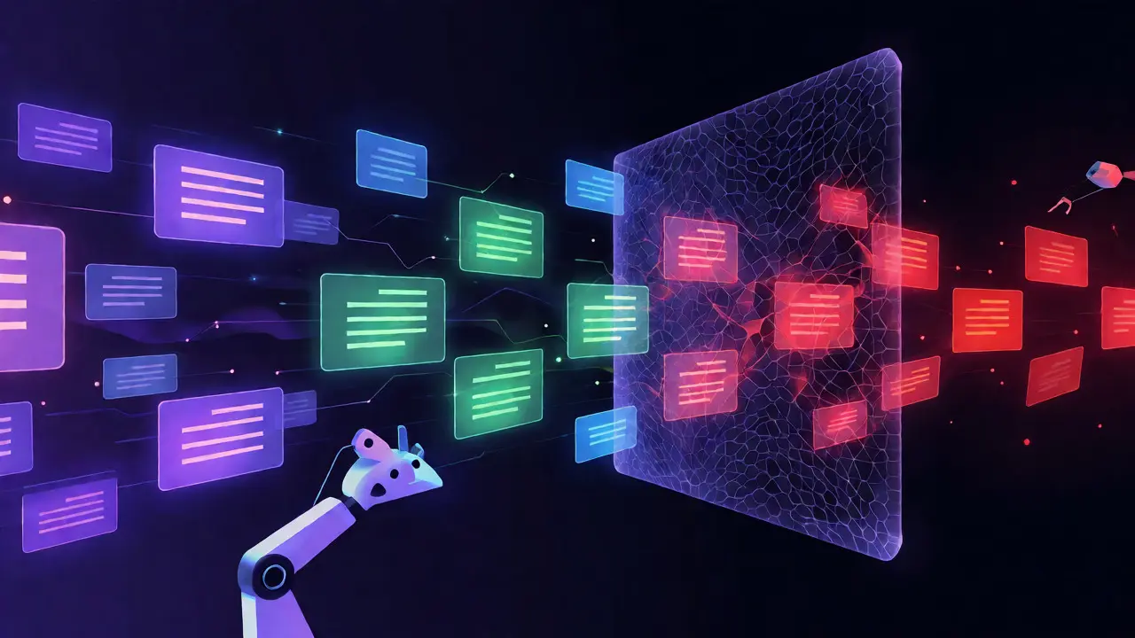 Abstract visualization of data packets passing through an automated filter mesh