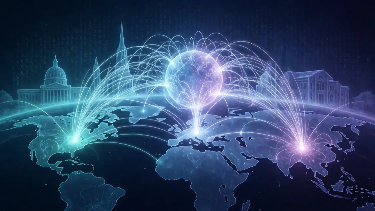 Abstract visualization of global data networks connecting institutions.