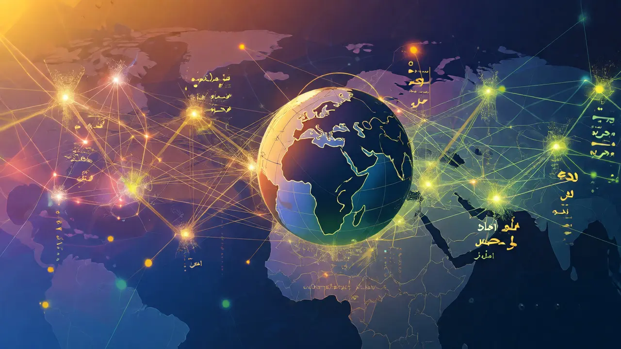 Abstract visualization of global knowledge networks connecting to local languages.