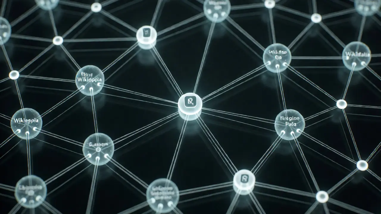 Abstract visualization of interconnected data nodes representing Wikidata's global reach.
