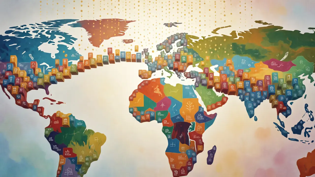Abstract world map of data blocks rising from the Global South