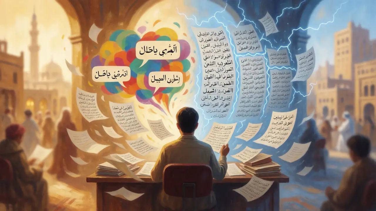 Arabic Wikipedia editor balancing dialects and political neutrality amidst swirling texts.