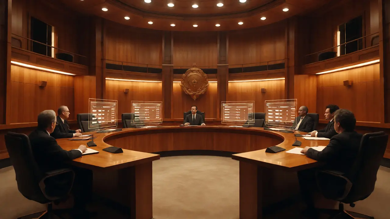 Arbitration committee members reviewing digital evidence in a formal chamber