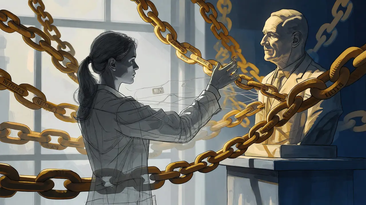 Artistic depiction of a female scientist struggling against citation bias compared to a male peer.