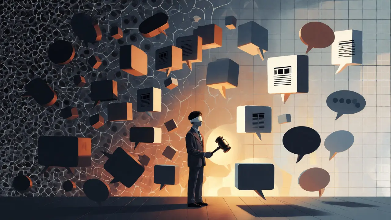 Blindfolded figure weighing source-backed arguments against vague opinions to reach consensus.