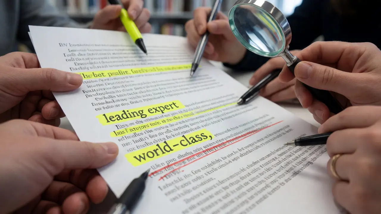 Close-up of a document being edited for neutral tone and reliable citations.