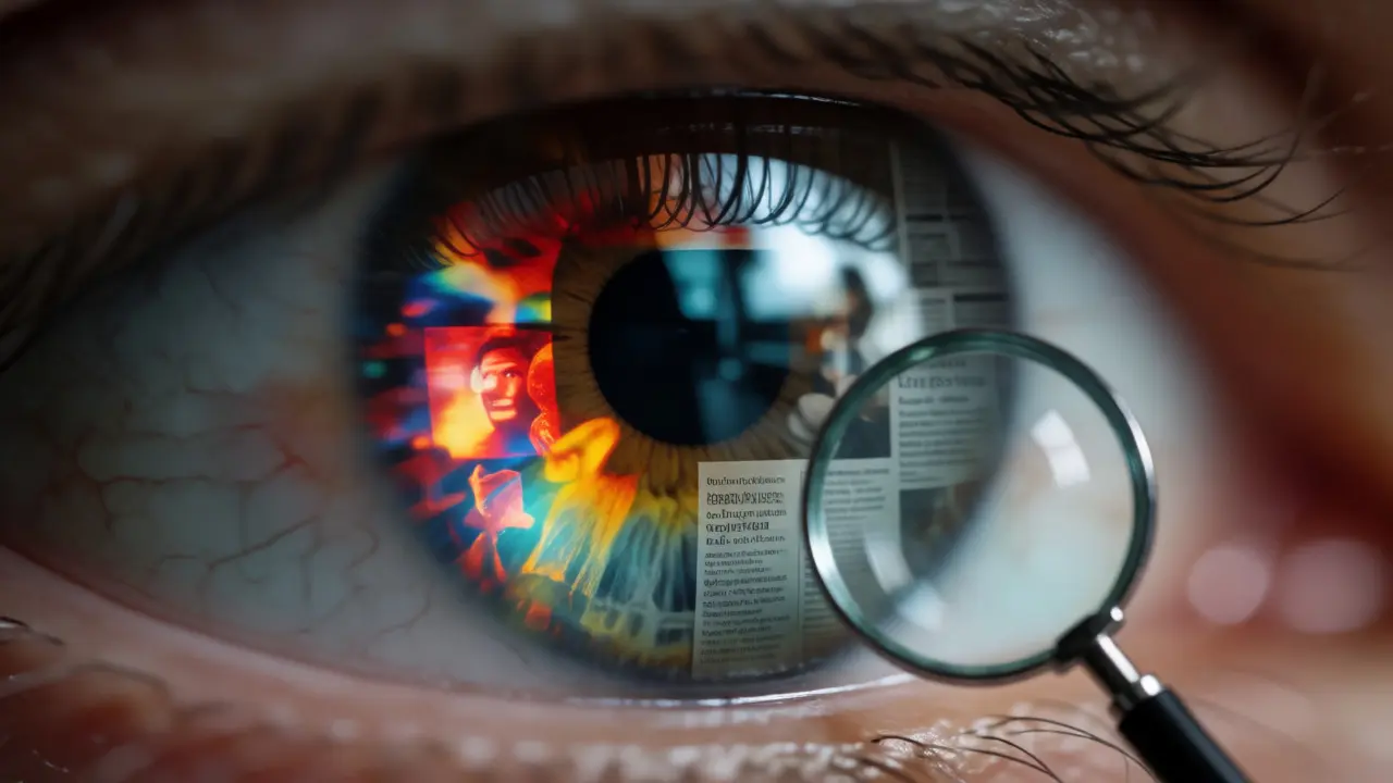 Close-up of an eye reflecting contrasting biased and neutral media styles.