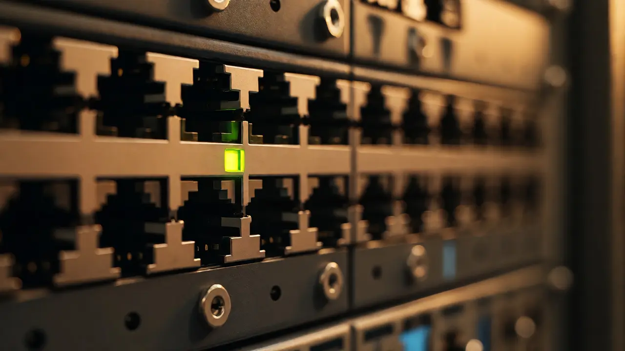 Close-up of blinking server lights representing data processing