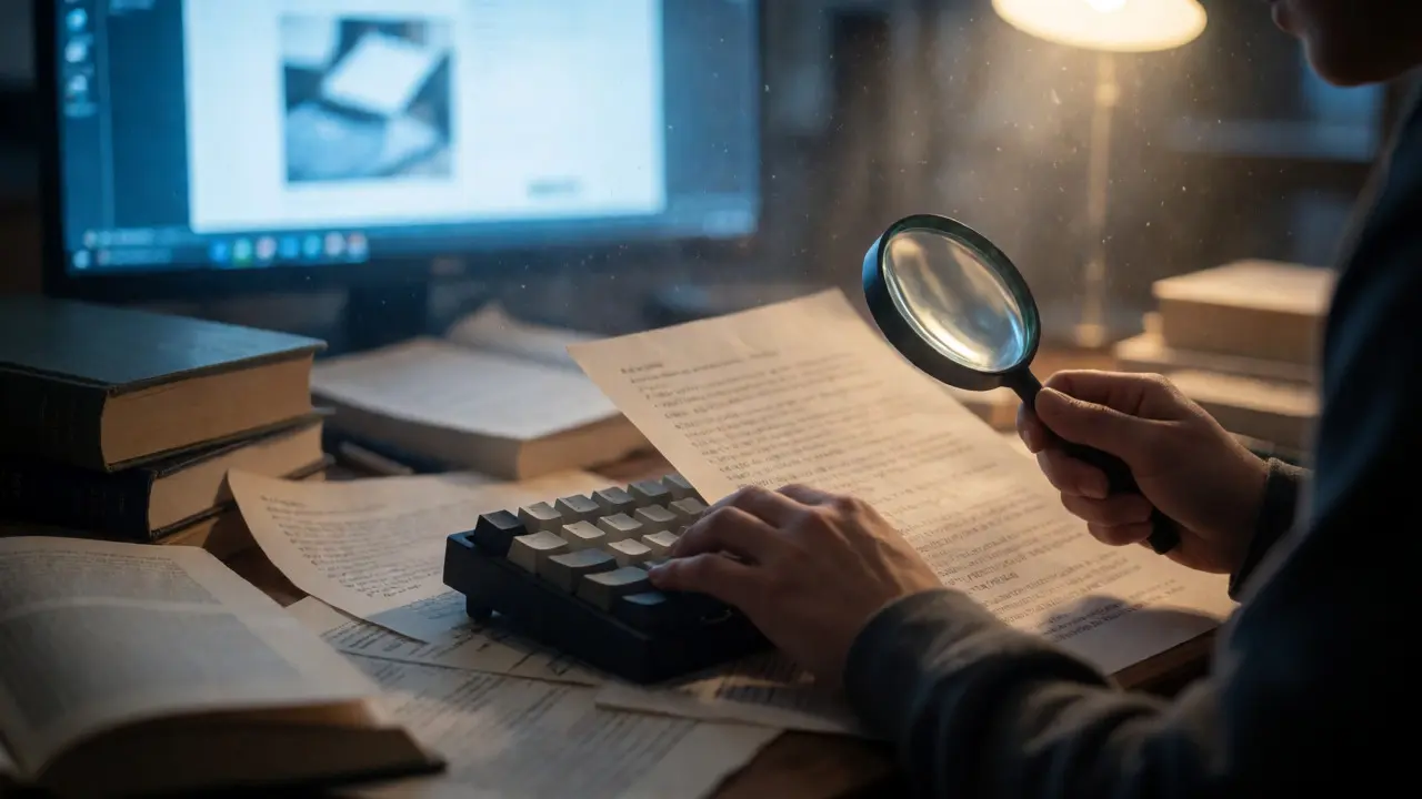 Close-up of editor verifying sources with magnifying glass and books