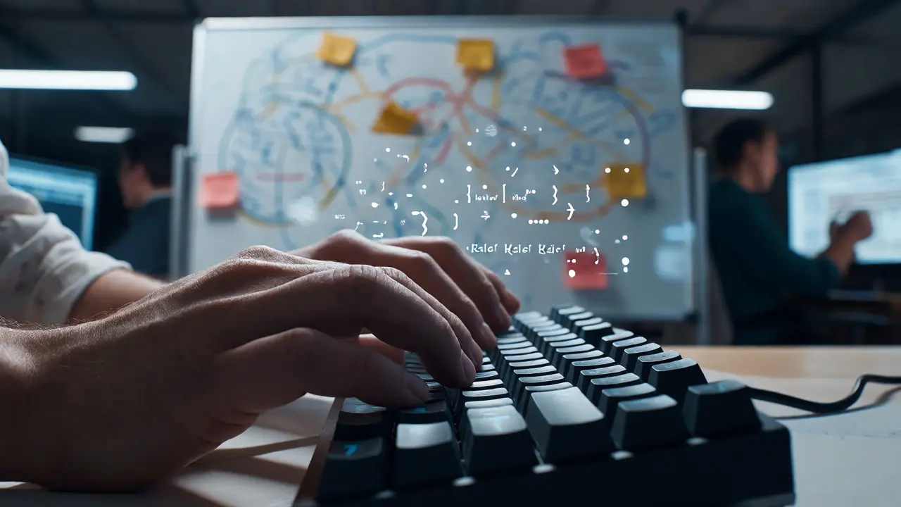 Close-up of hands typing on a keyboard with holographic data overlays in a research lab.