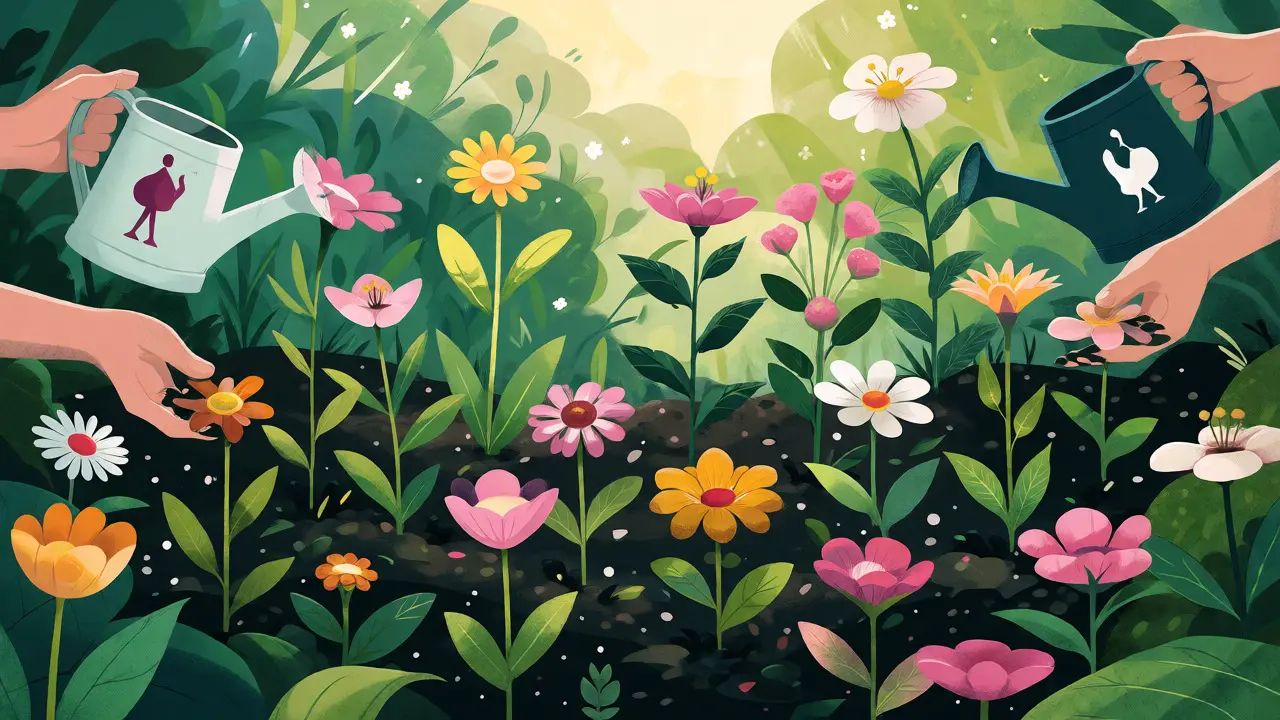 Colorful conceptual garden with diverse flowers being nurtured by caring hands