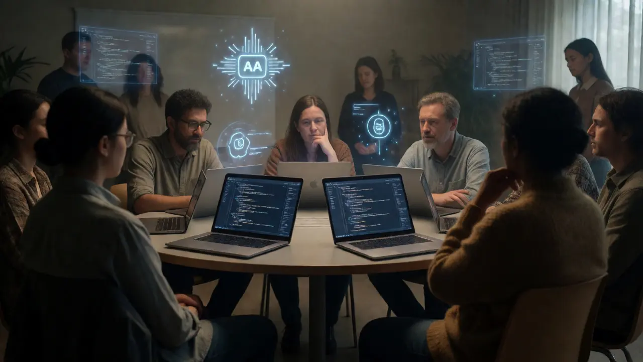 Community members discussing around a table with subtle AI holographic overlays.