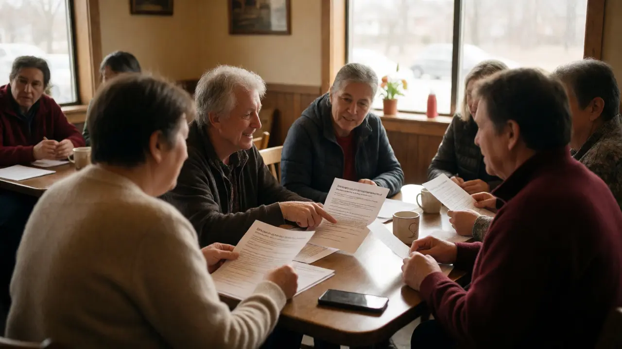 Community members discussing local news tips in a warm, well-lit meeting space.