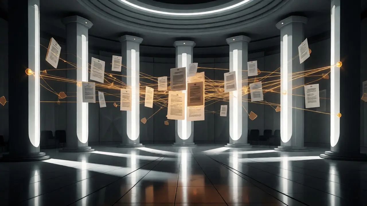 Conceptual 3D visualization of the Arbitration Committee as a binding legal tribunal.