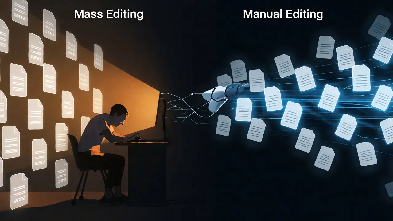 Conceptual art comparing manual editing fatigue with efficient automated batch processing.