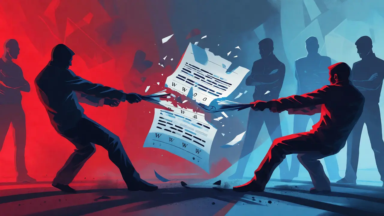 Conceptual art of editors in a destructive edit war tug-of-war
