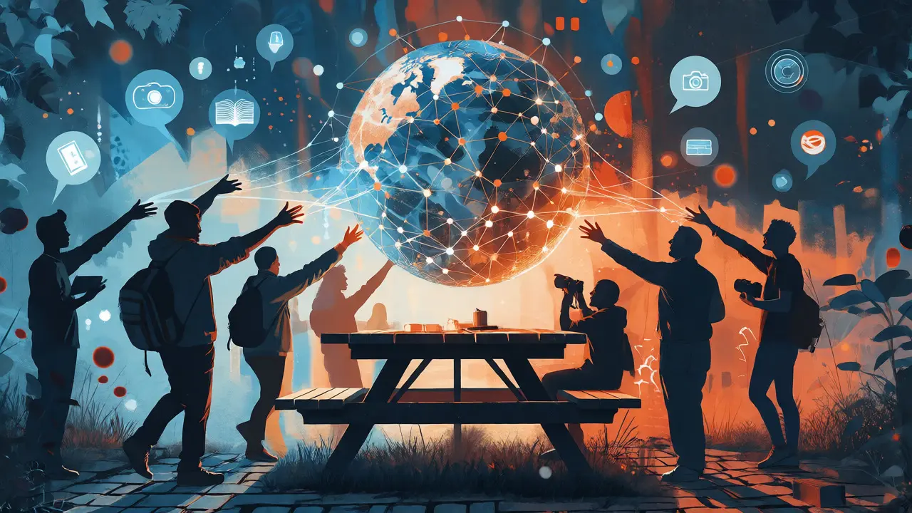 Conceptual art showing humans connecting with global knowledge networks