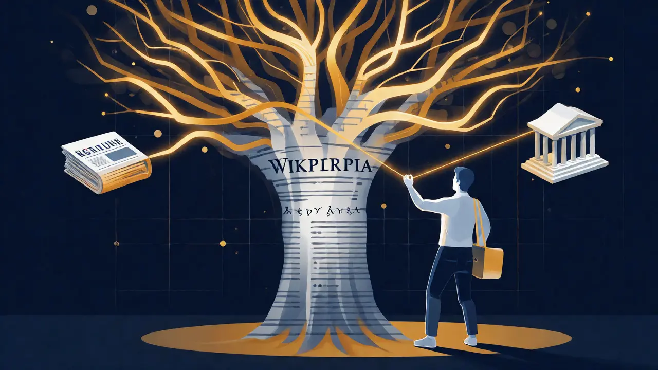 Conceptual art showing journalist following links from Wikipedia to primary sources