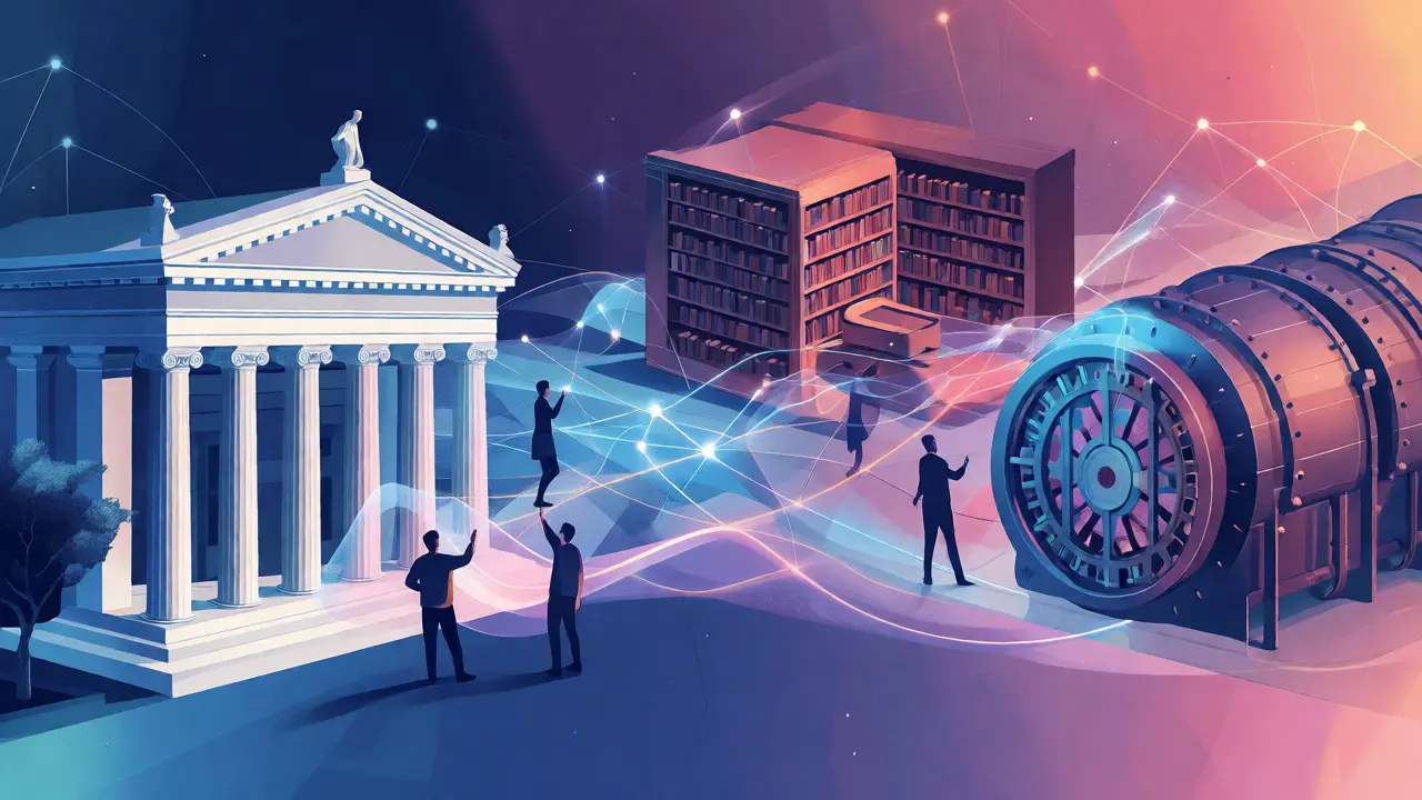 Conceptual art showing museums and libraries connected by a glowing digital network.
