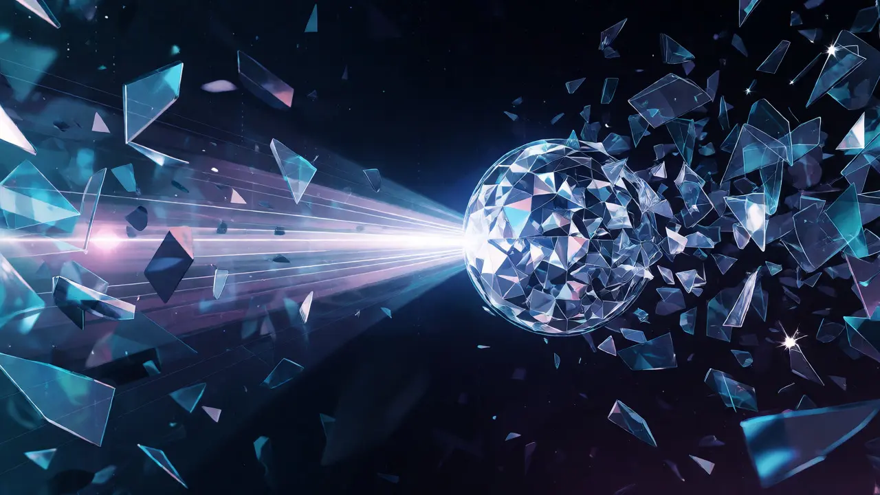 Conceptual art showing scattered data fragments merging into a single crystalline entity.