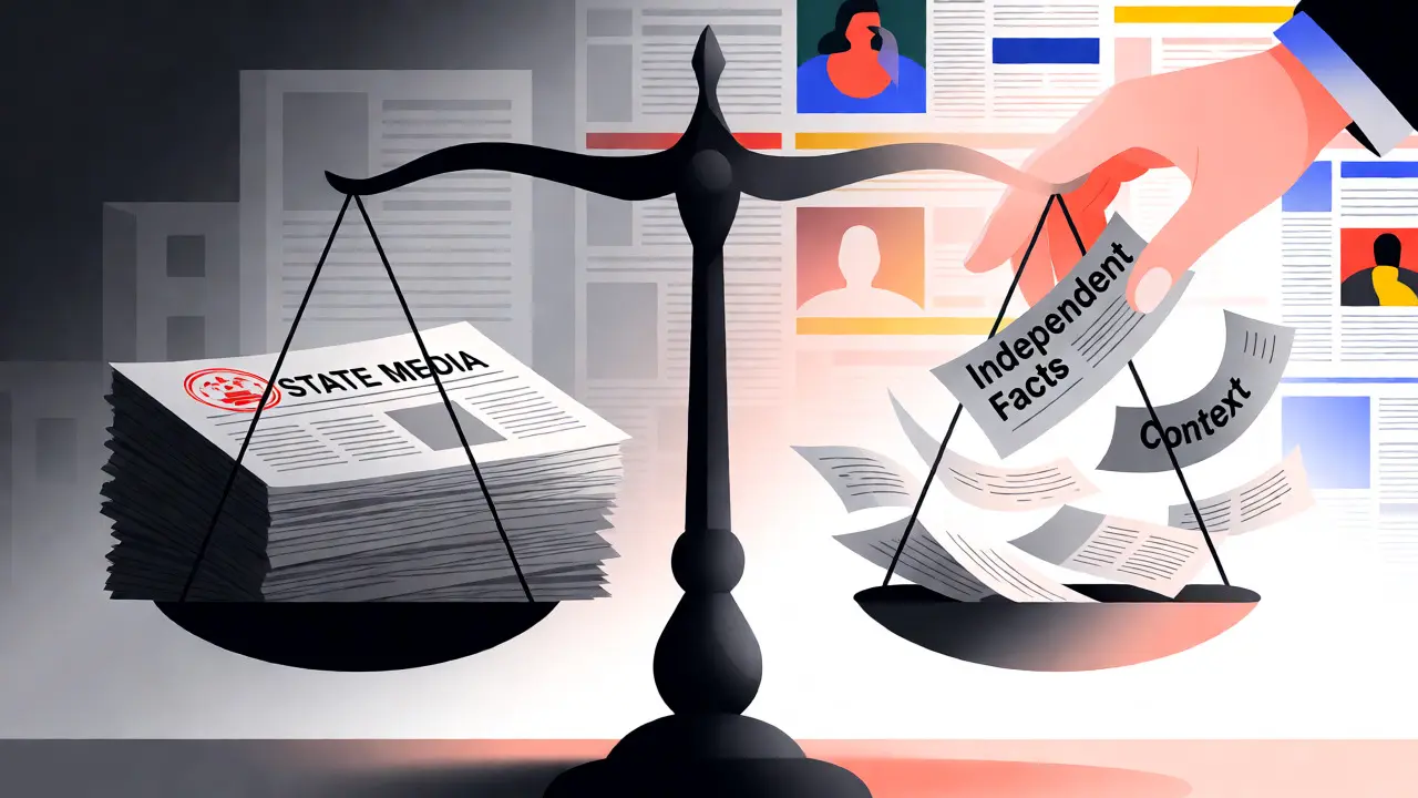 Conceptual balance scale weighing state media reliability against independent facts