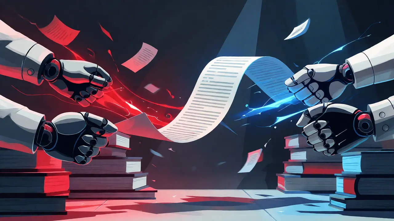 Conceptual edit war with opposing forces pulling a text scroll