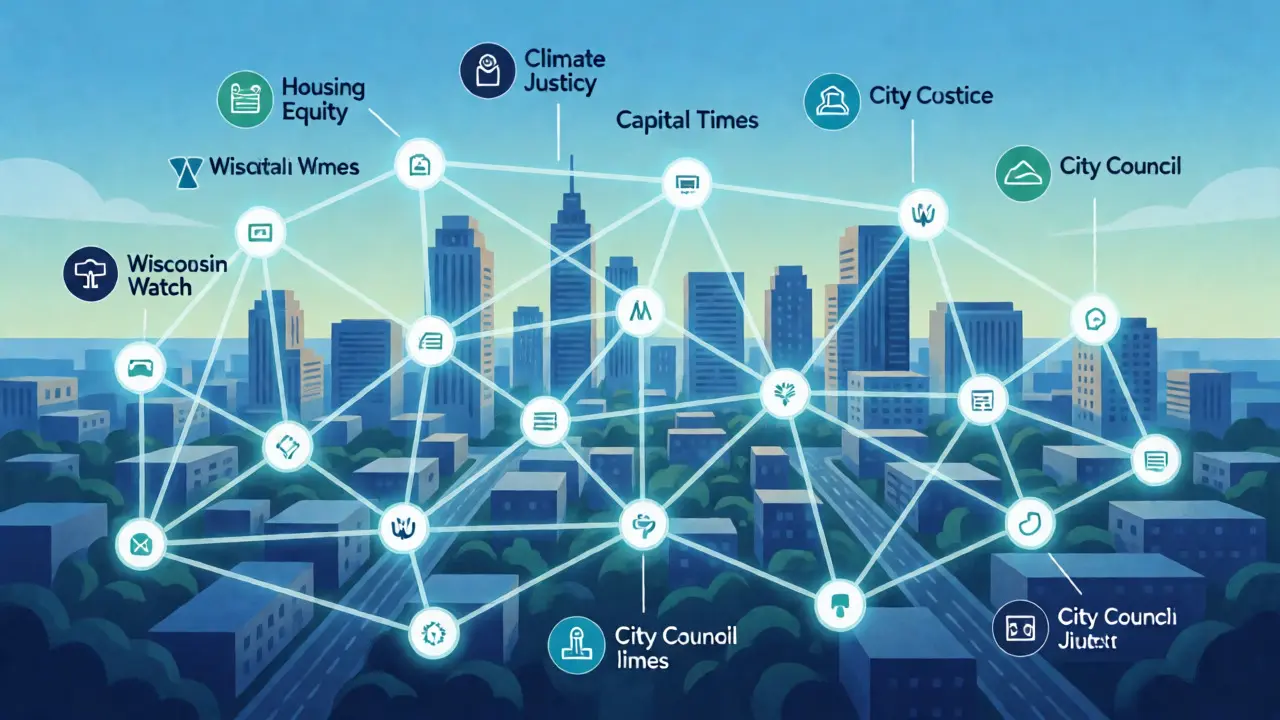 Conceptual network map connecting media outlets to community issues like housing and climate.