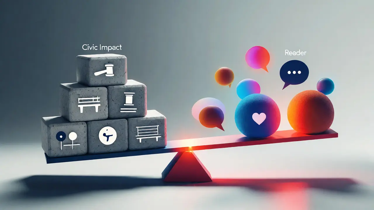 Conceptual scale balancing civic impact and reader engagement