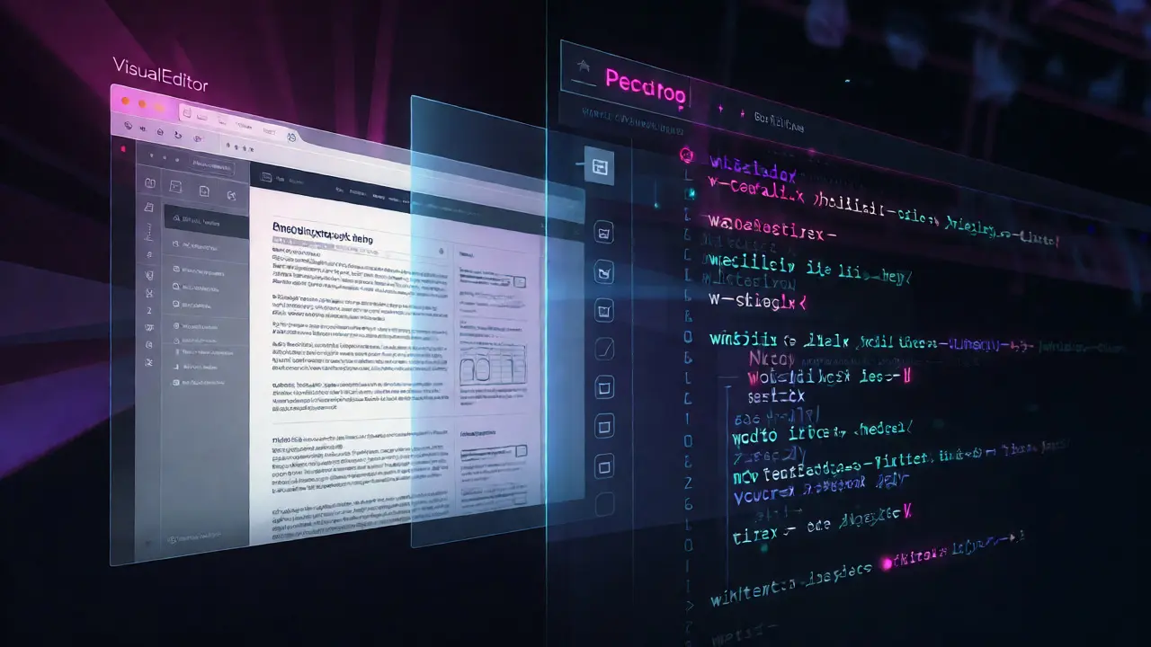 Conceptual view of rendered Wikipedia page versus raw source code