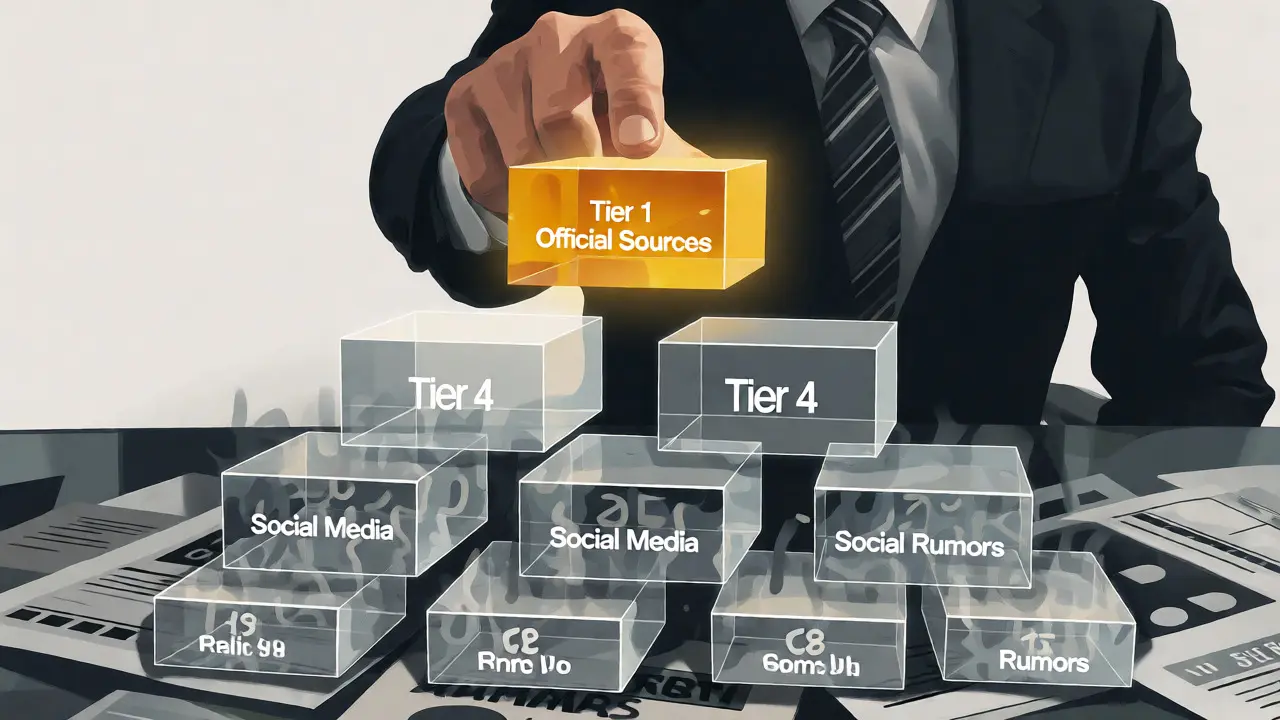 Conceptual visualization of source hierarchy with official sources outweighing social media rumors.